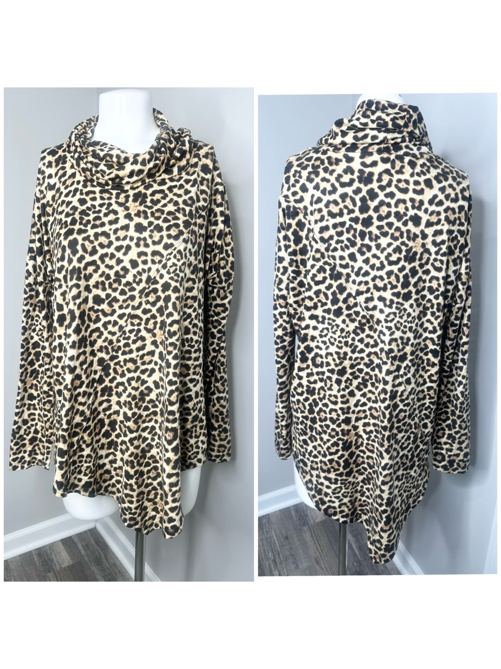 Leopard Print Cowl Neck Top - Beige/Black- large
